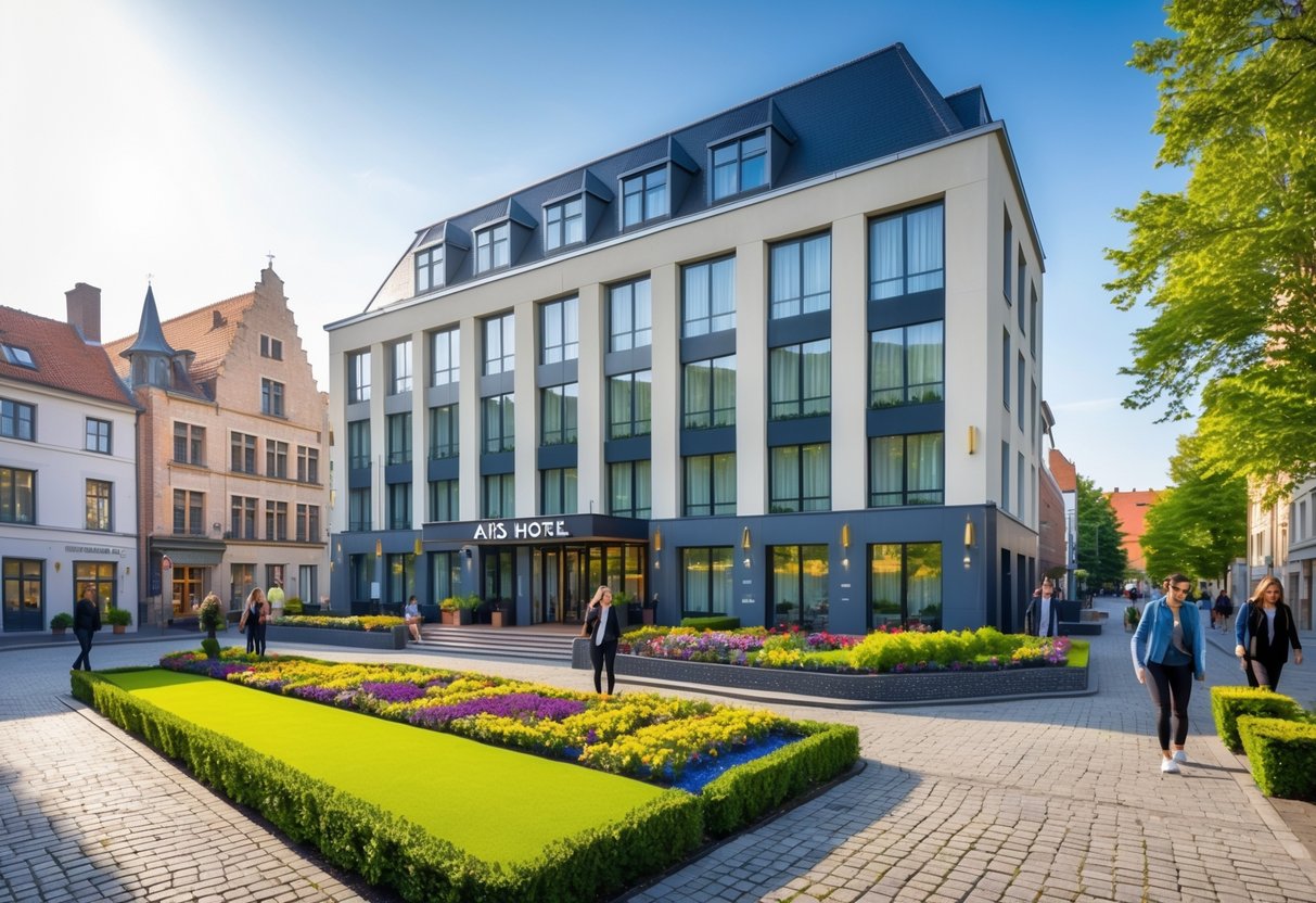 Exterior view of the modern Axis Hotel in Kortenberg Belgium, with green lawns, flowers, and historic buildings in the background on a sunny day.