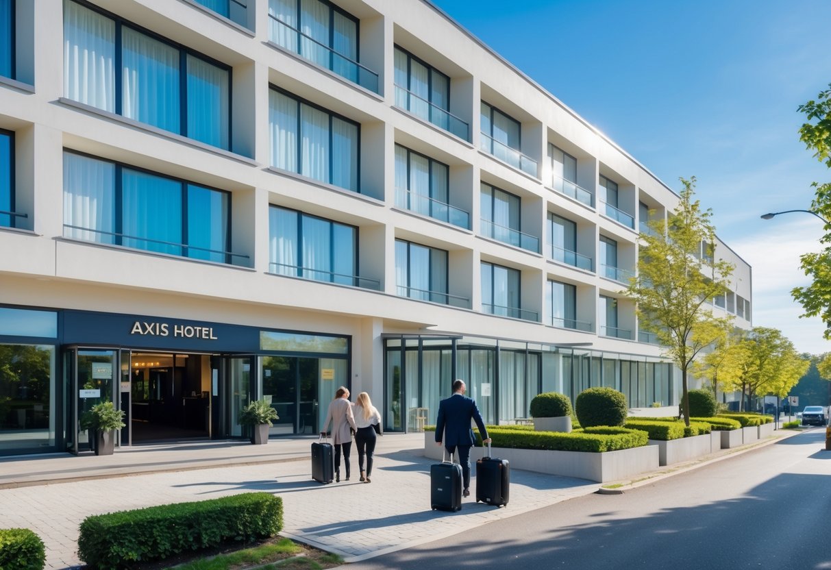 Exterior view of Axis Hotel in Kortenberg Belgium with guests entering and leaving, surrounded by greenery on a sunny day.
