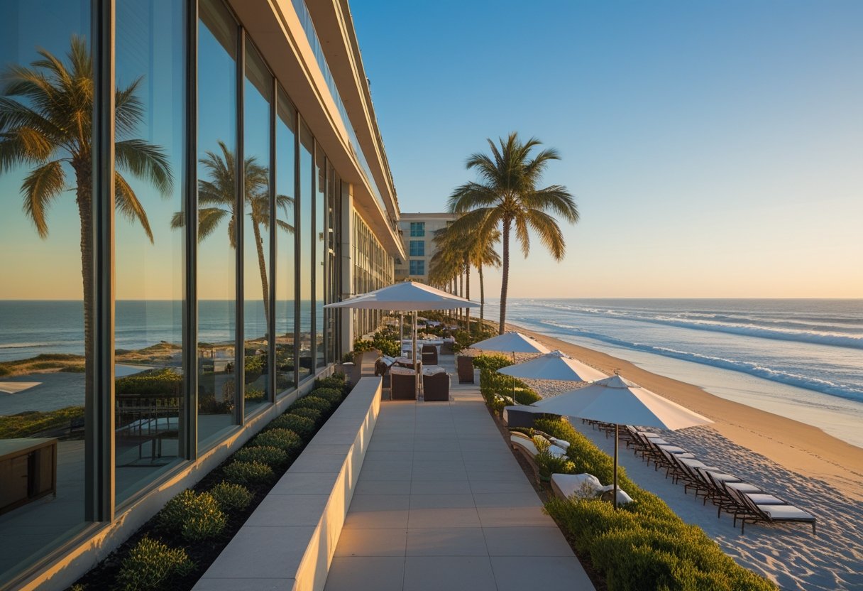 Modern beachfront hotel at Huntington Beach with palm trees, outdoor seating, and ocean waves in the background. Hotel Huntington Beach oceanfront property.