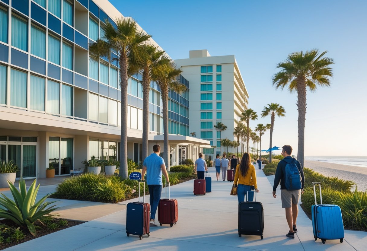 Modern hotel entrance in Huntington Beach with palm trees, travelers with luggage, and the ocean visible in the background. Hotel Huntington Beach lobby.