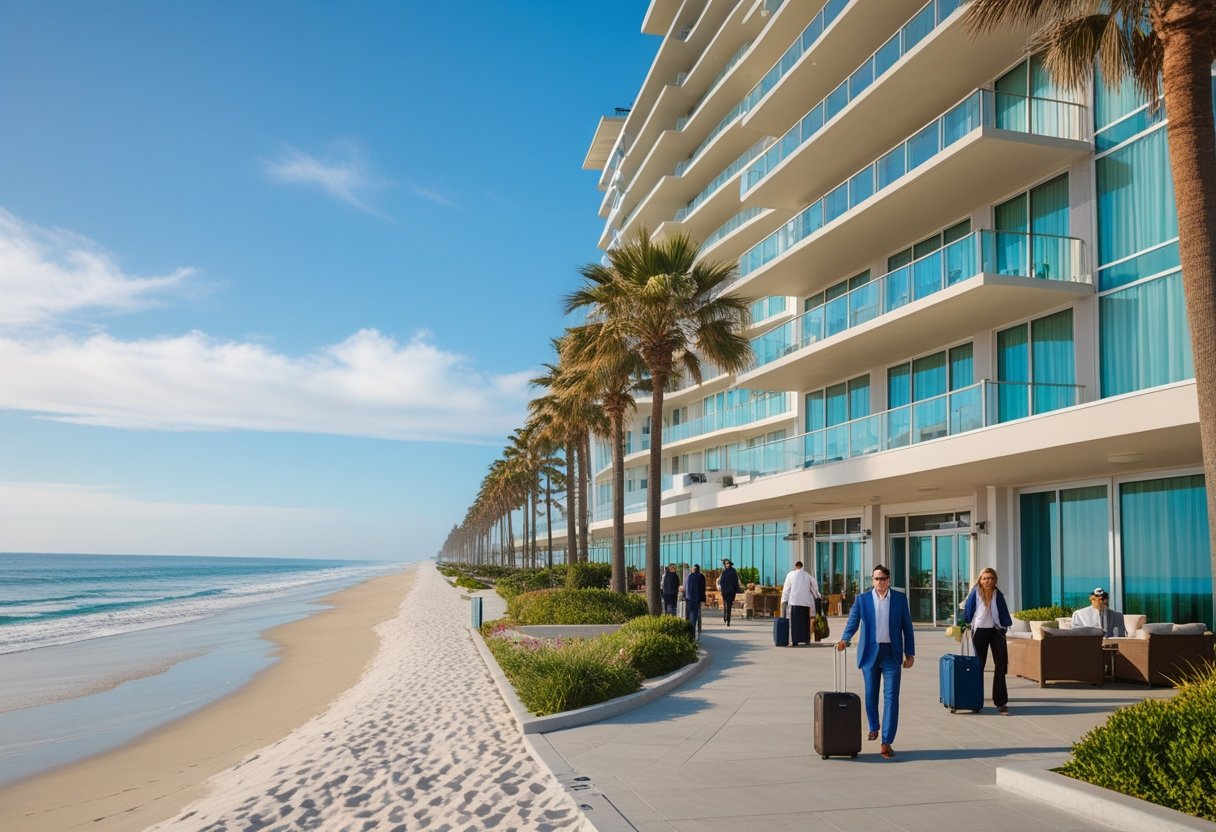 A modern beachfront hotel in Huntington Beach with palm trees, sandy beach, and ocean under a clear sky. Hotel Huntington Beach resort view.