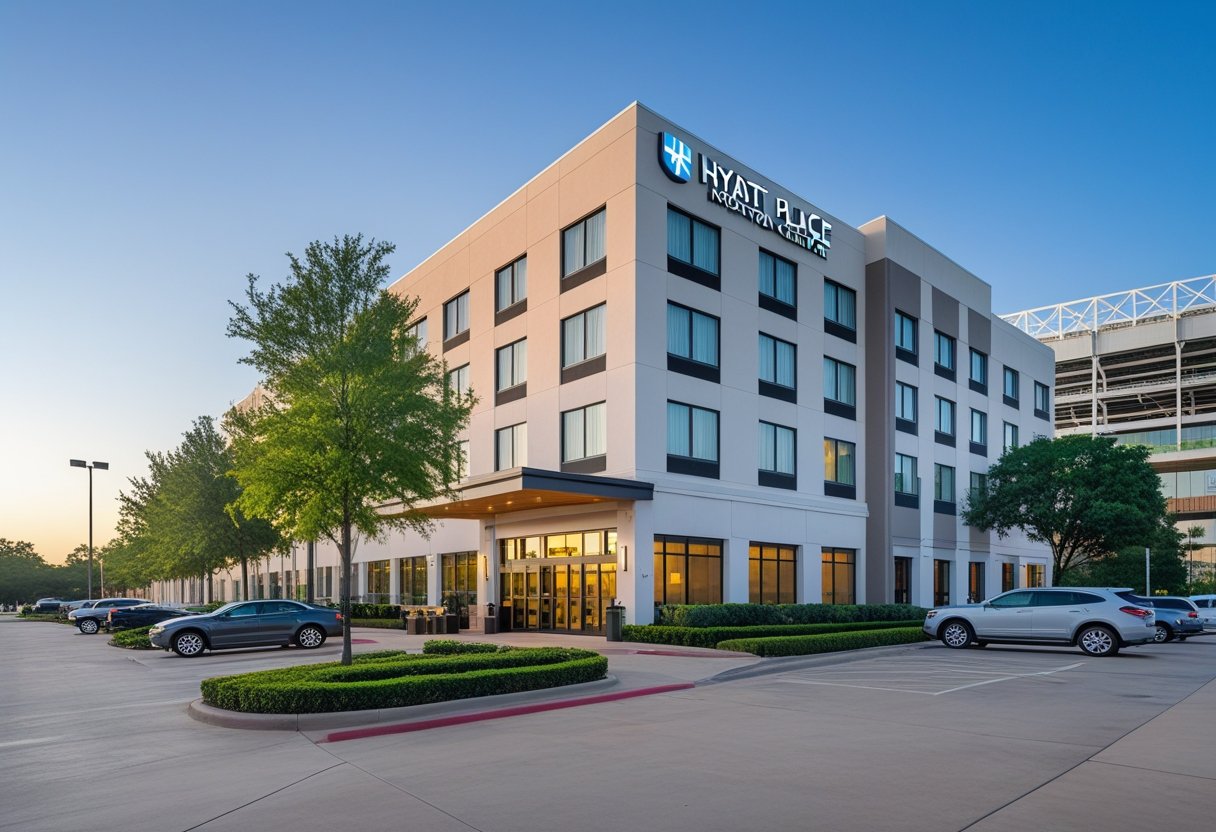 Exterior view of Hyatt Place Houston Medical Center hotel near NRG Stadium with clear sky and surrounding greenery. Hotels near NRG Stadium