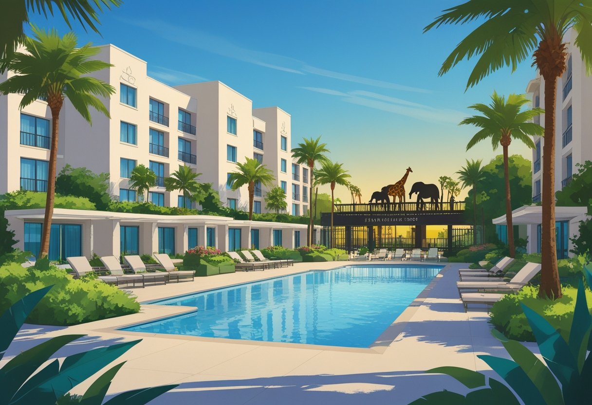 A resort with modern hotel buildings, palm trees, a swimming pool, and a zoo entrance with animal silhouettes in the background. Hotels near San Diego Zoo