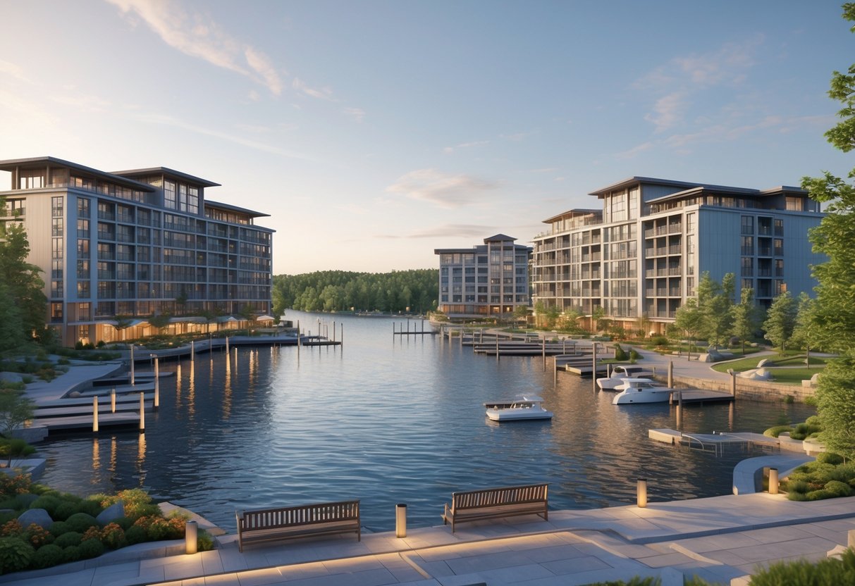 Top 3 Highly Rated Sturgeon Bay Hotels: Waterfront resort buildings with balconies overlooking a calm bay, surrounded by trees and docks with boats under a clear sky.