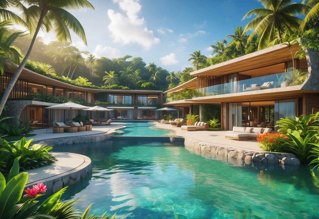 A luxurious hotel resort surrounded by tropical forest and a beach with clear ocean water. Best hotels in Costa Rica