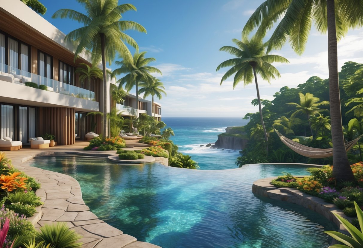 A luxurious hotel resort surrounded by tropical rainforest with a pool overlooking the ocean and a garden pathway. Best hotels in Costa Rica