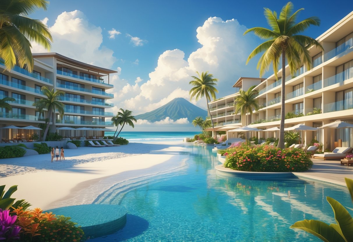 A tropical beachfront resort with modern hotels, palm trees, a swimming pool, and a distant volcano under a blue sky. Best hotels in Costa Rica
