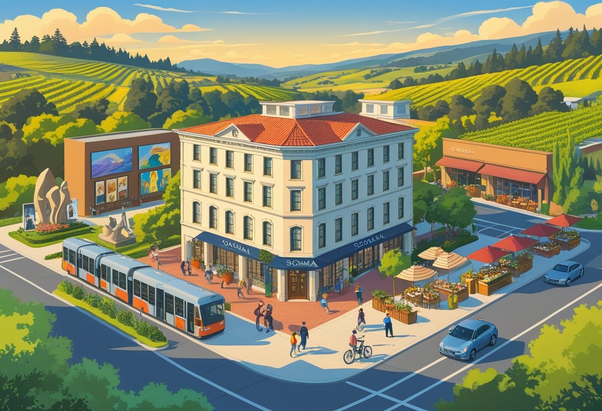 A hotel surrounded by cultural attractions, transit options like a tram and bicycles, and food and wine tasting areas with vineyards in the background. Sonoma city hotels are close to it all.