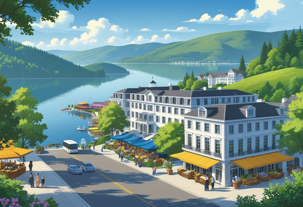 hoteles en lake george by the waterfront, outdoor art gallery, market stalls, transit hub, and people at cafes and live music.
