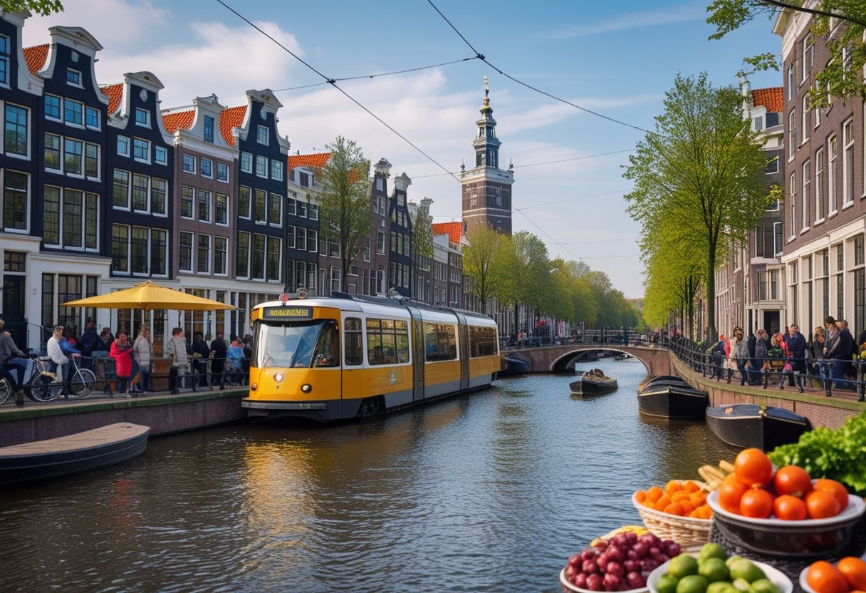 A scenic canal near the best hotels in Amsterdam, with historic buildings, a tram, an outdoor market, and boats.