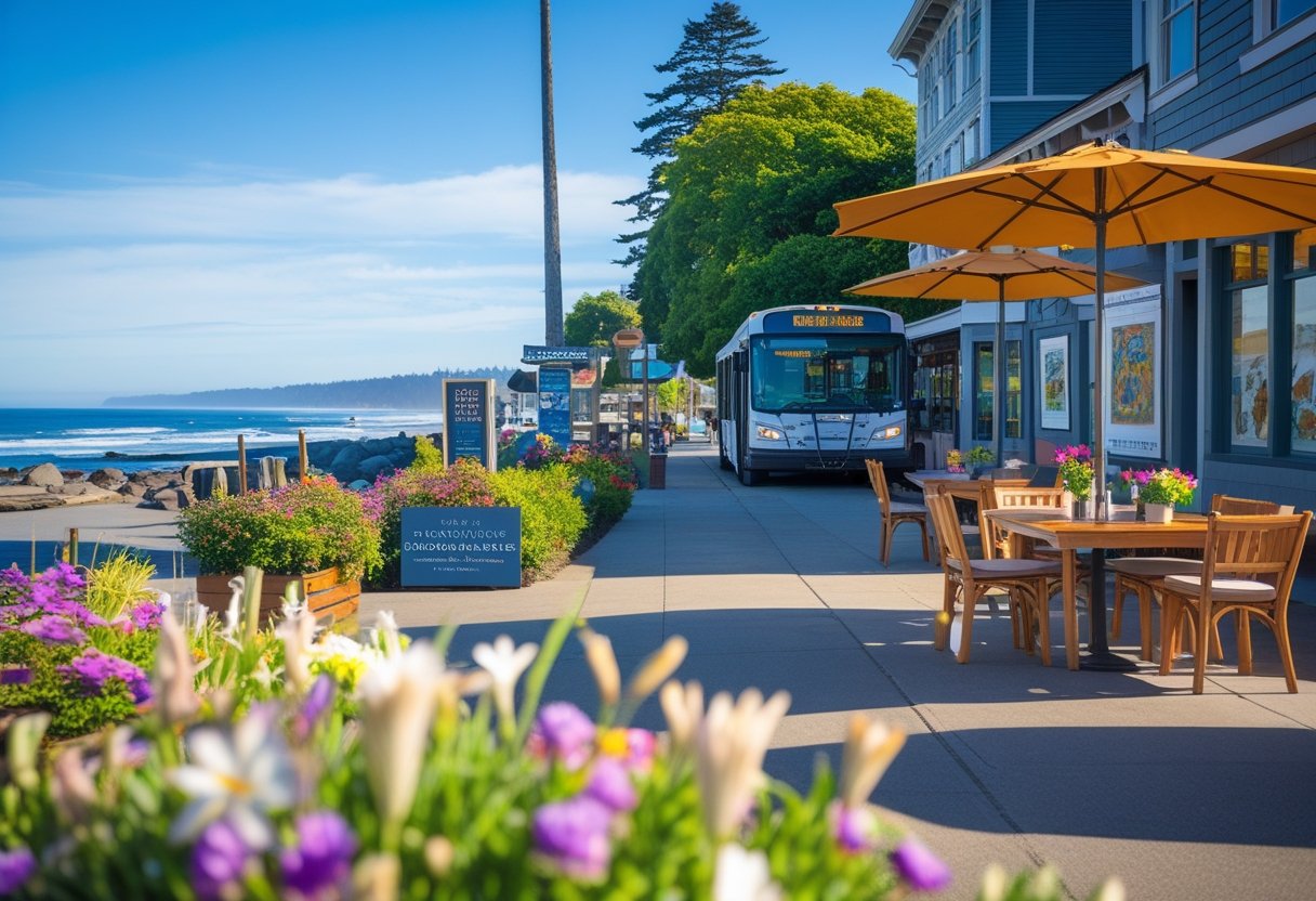 Coastal town scene near a hotel with outdoor dining, local art displays, a transit stop, greenery, and the ocean in the background. Brookings Oregon hotels are close to art and food.