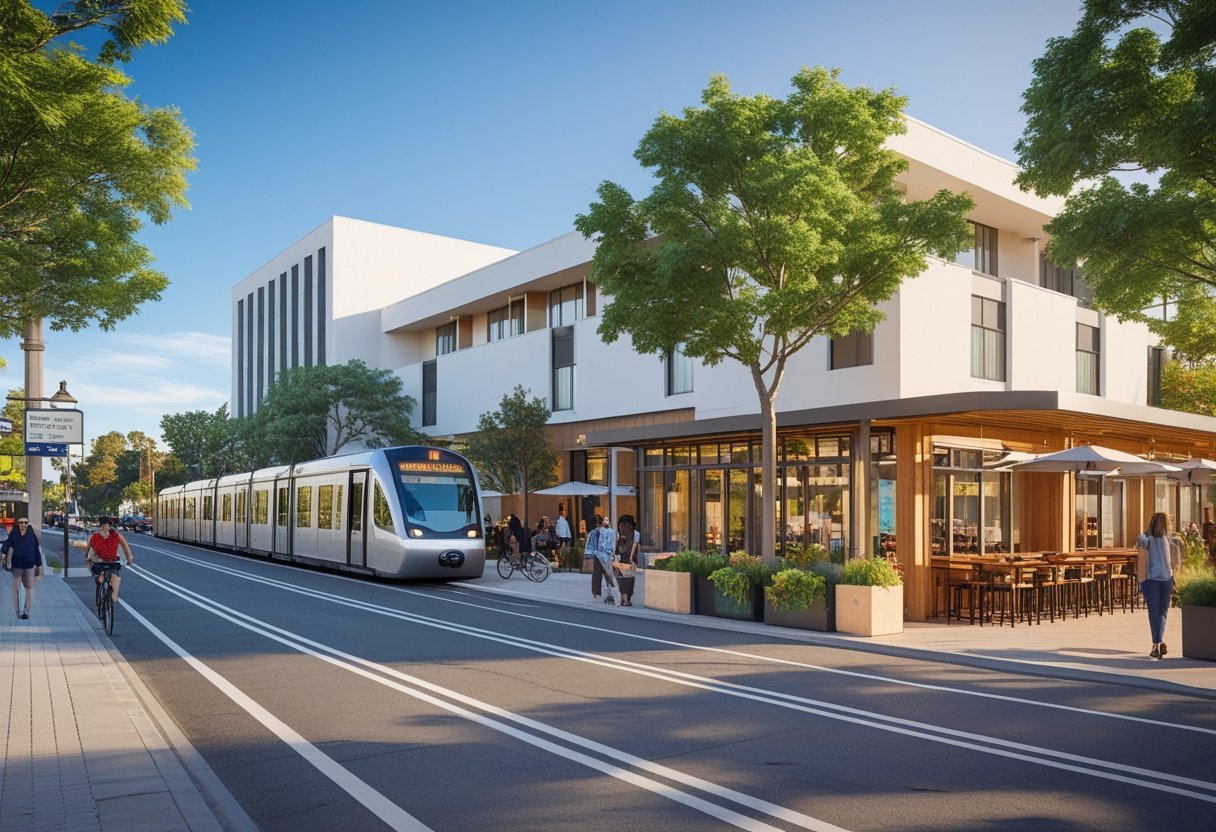 Street scene near a modern hotel in Davis, California with people walking and biking, a transit stop with a vehicle, and outdoor dining areas surrounded by trees and clear skies. hotels in davis ca