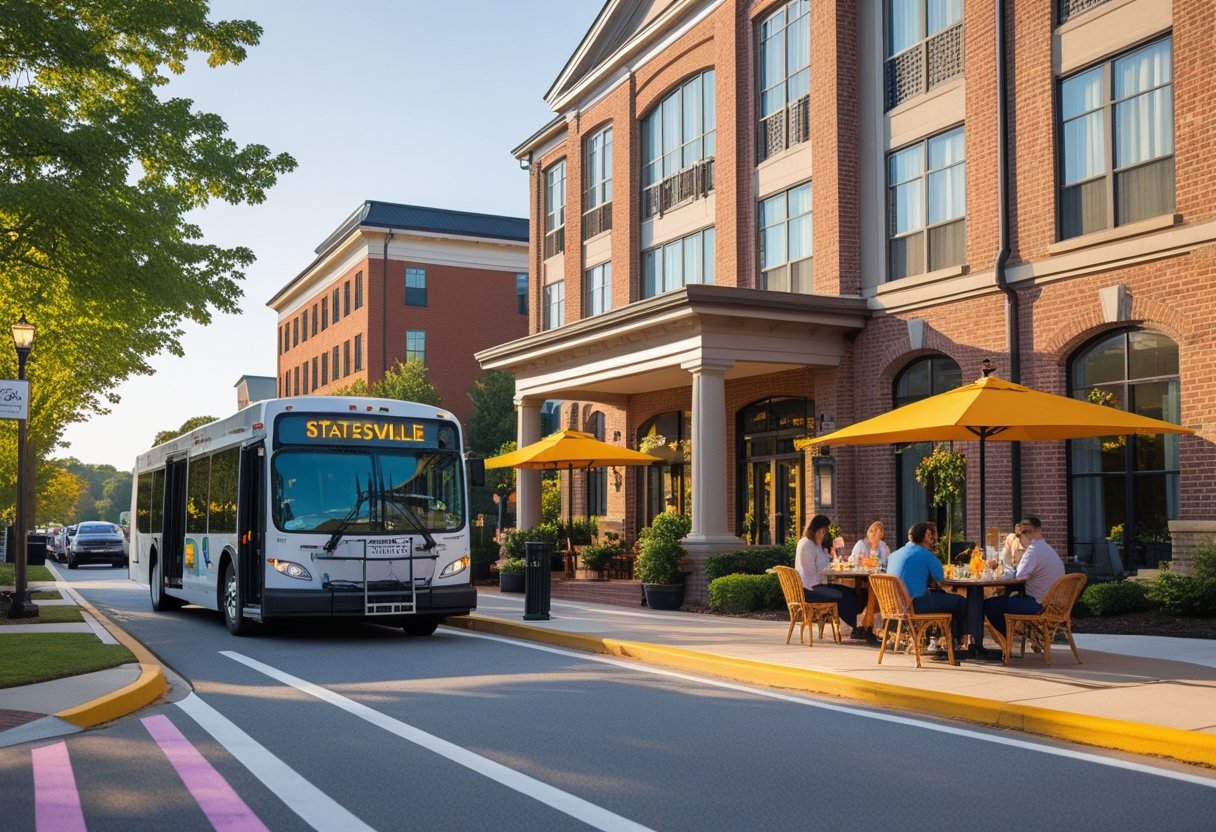 Hotel entrance in Statesville, North Carolina with a transit bus nearby, outdoor café with people dining, and cultural buildings in the background. Hotels in Statesville NC downtown.