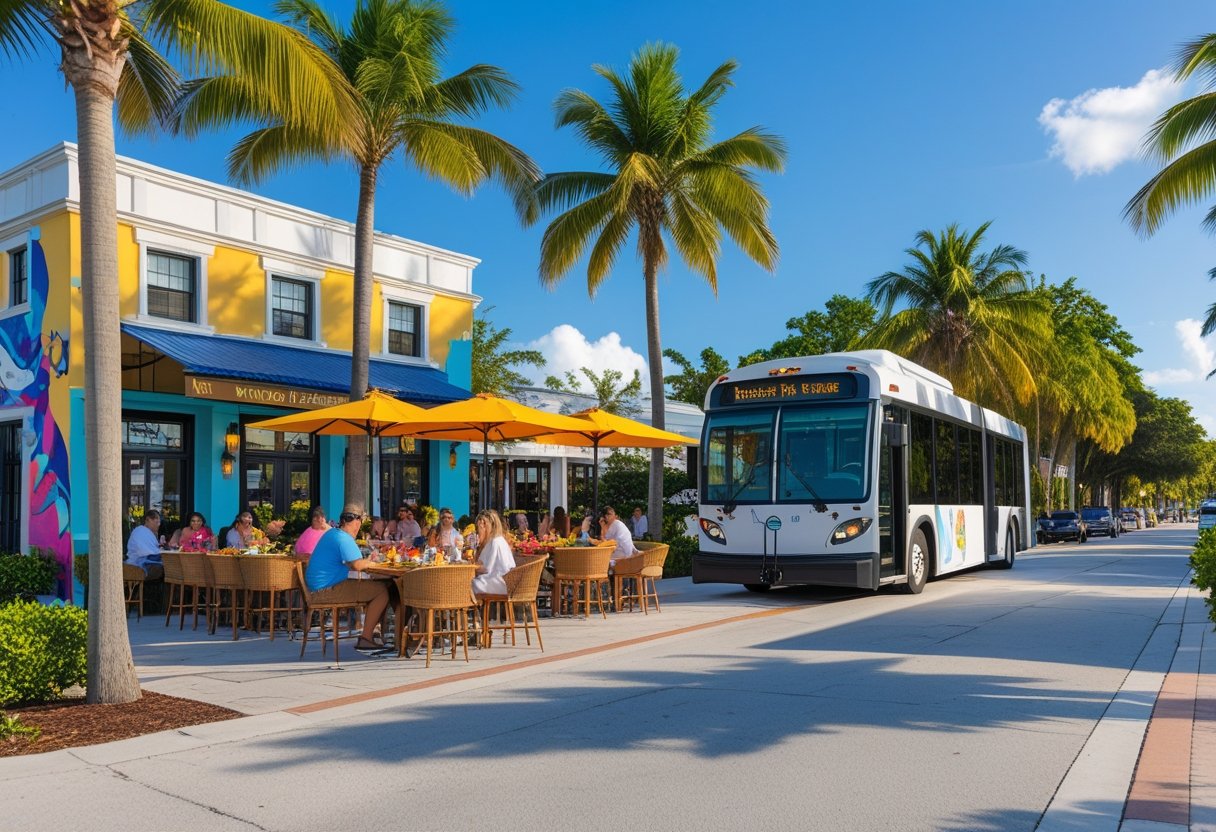 Street scene in Venice, Florida showing a cultural building, a transit stop with a bus, and people dining outdoors at a café surrounded by palm trees. Hotels in Venice FL local culture