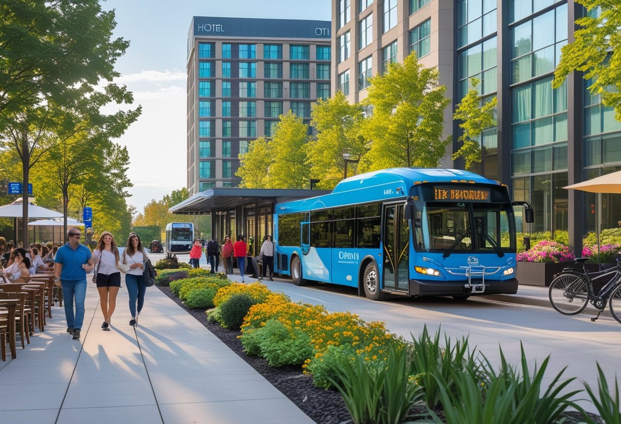 A busy city street near a modern hotel with people walking, outdoor café seating, a city bus at a transit stop, bicycles, and greenery. hotels.ca ottawa