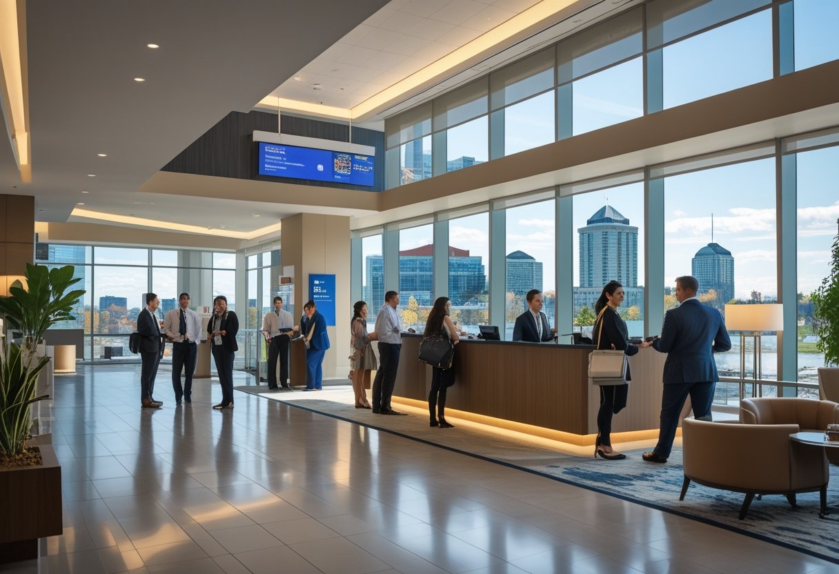 hotels.ca ottawa: A modern hotel lobby in Ottawa with guests checking in and city landmarks visible through large windows.