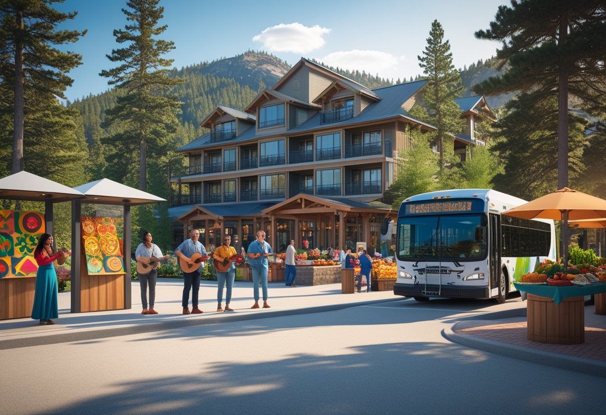 Lakeside hotel with pine trees, people enjoying music and local food at an outdoor market, and a transit bus at a nearby stop. Lake Arrowhead hotels are close to local events and easy transit.
