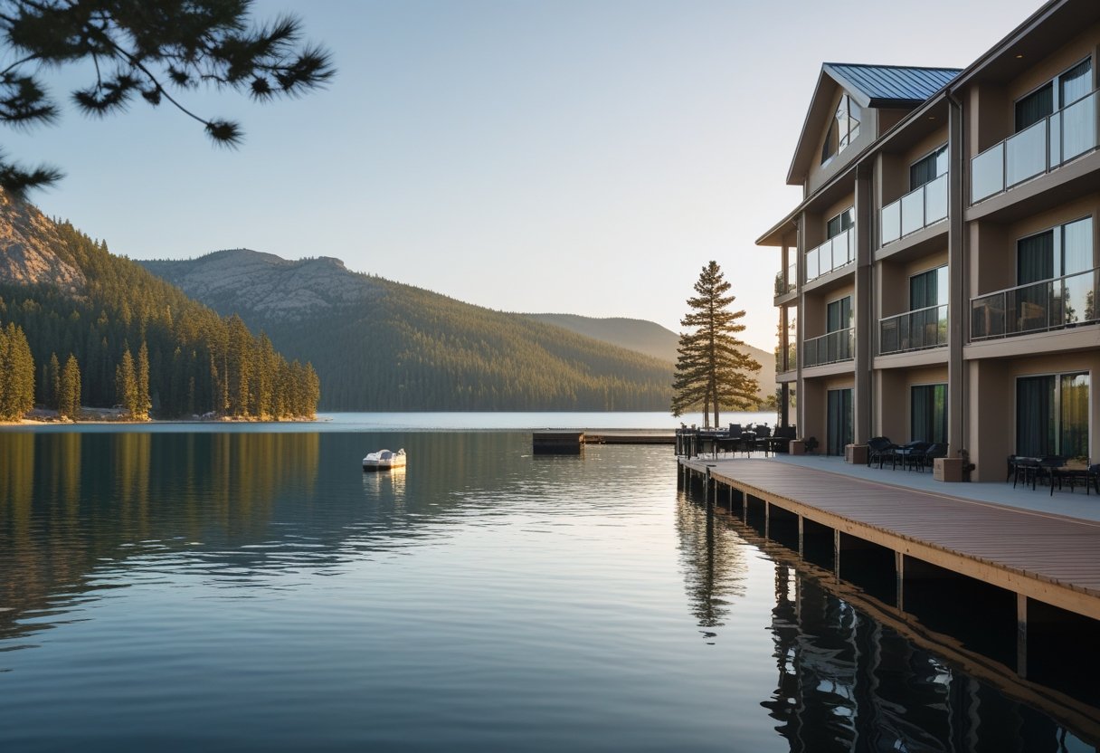 A lakeside hotel by a calm lake surrounded by pine trees and mountains, with a wooden dock and boats on the water, one of the most inviting Lake Arrowhead hotels.