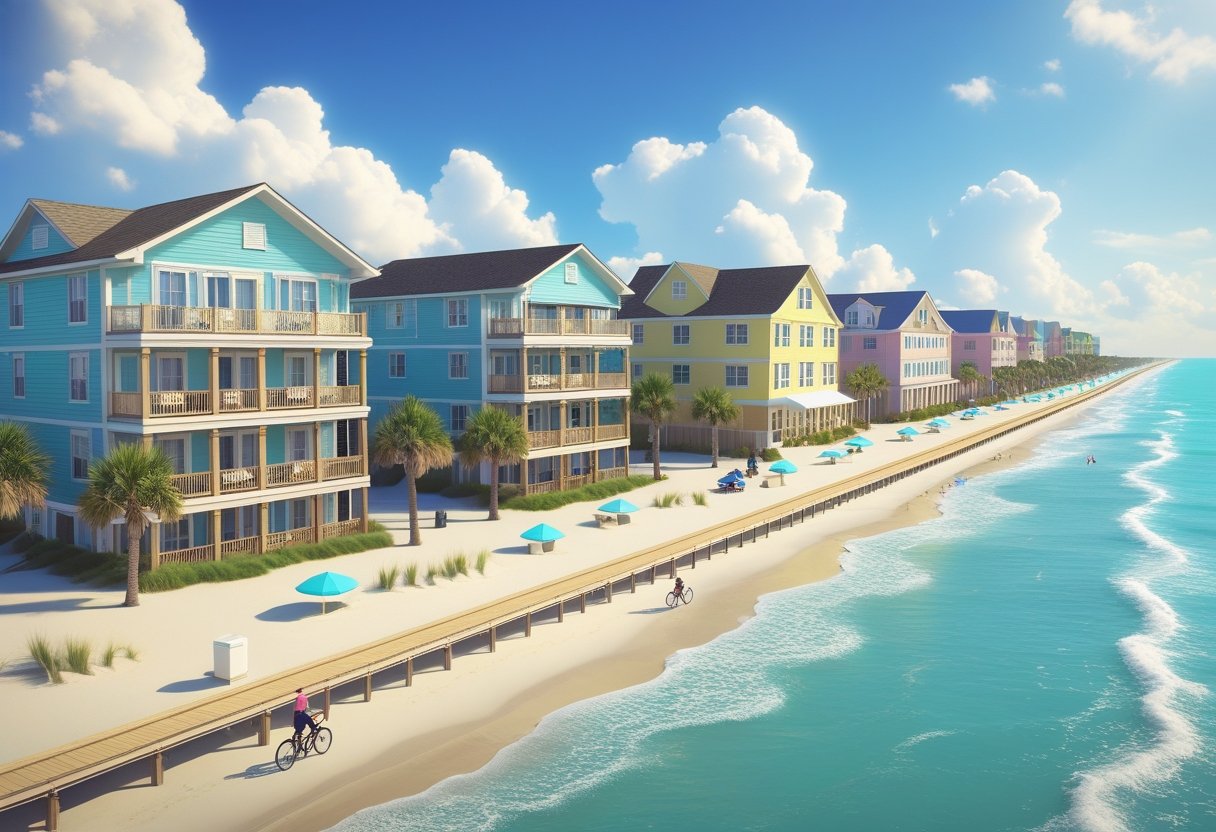 Atlantic Beach NC Top 4 Best Value Hotels: Four beachfront hotels along a sandy shore with palm trees, ocean waves, and people enjoying a sunny day at Atlantic Beach.