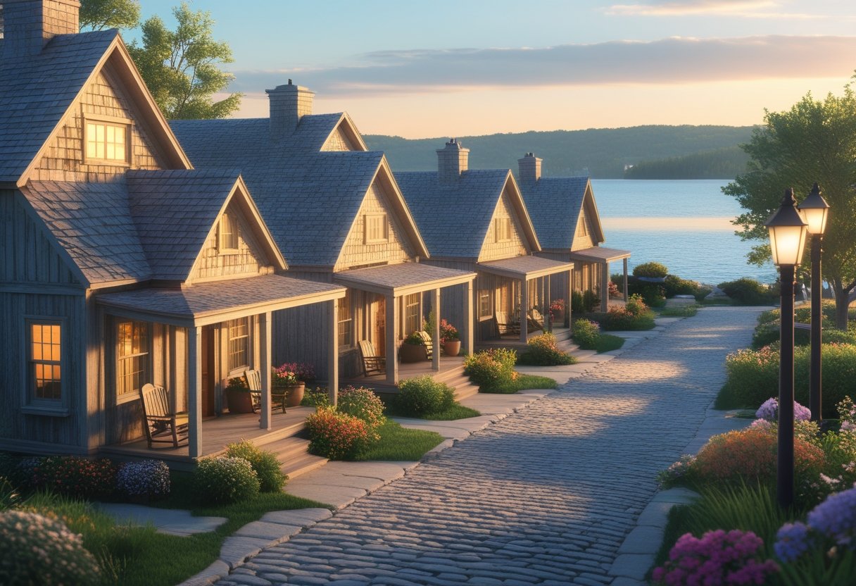 A group of six cozy old wooden cottages by a calm lake with trees and flowers around them. Saugatuck Hotels Top 6 Most Loved by Guests