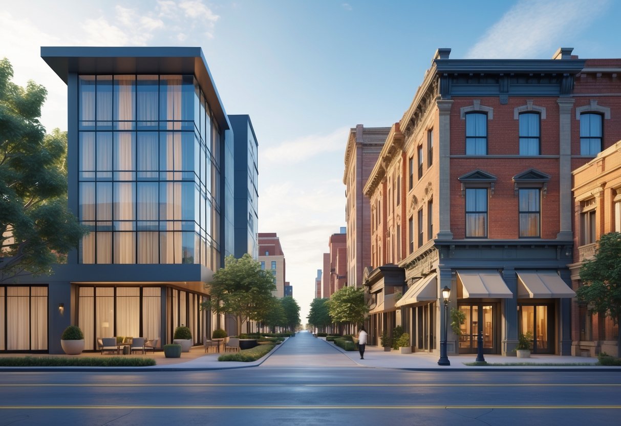 A street scene in Kansas City showing two neighboring boutique hotels, one modern with glass facades and the other classic with brickwork, surrounded by pedestrians and city elements.