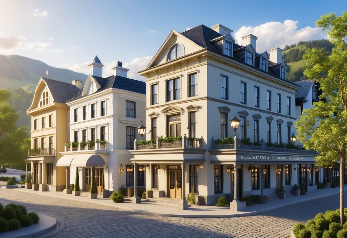 Three elegant hotels set in a scenic mountain town with trees, cobblestone streets, and hills in the background.