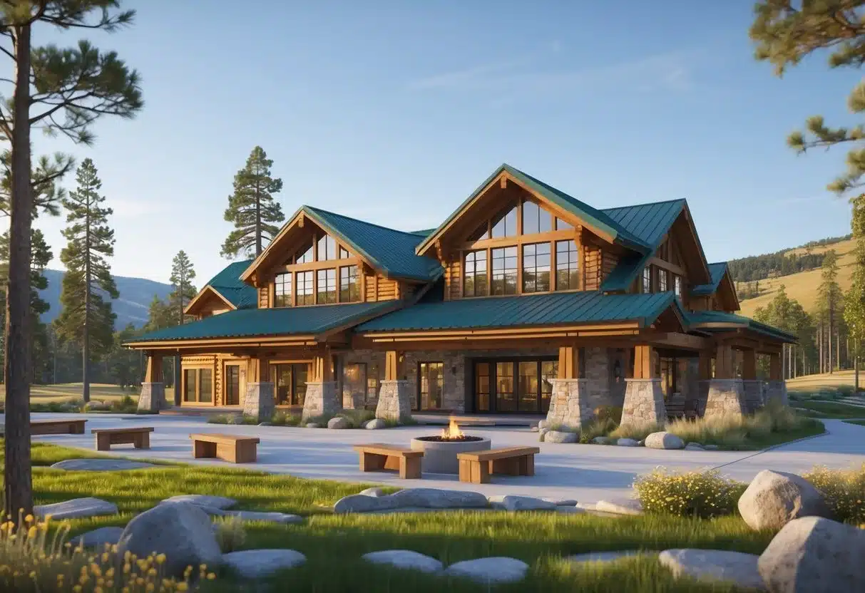 Mountain lodge in Keystone SD surrounded by pine trees and hills, with outdoor seating and landscaping.