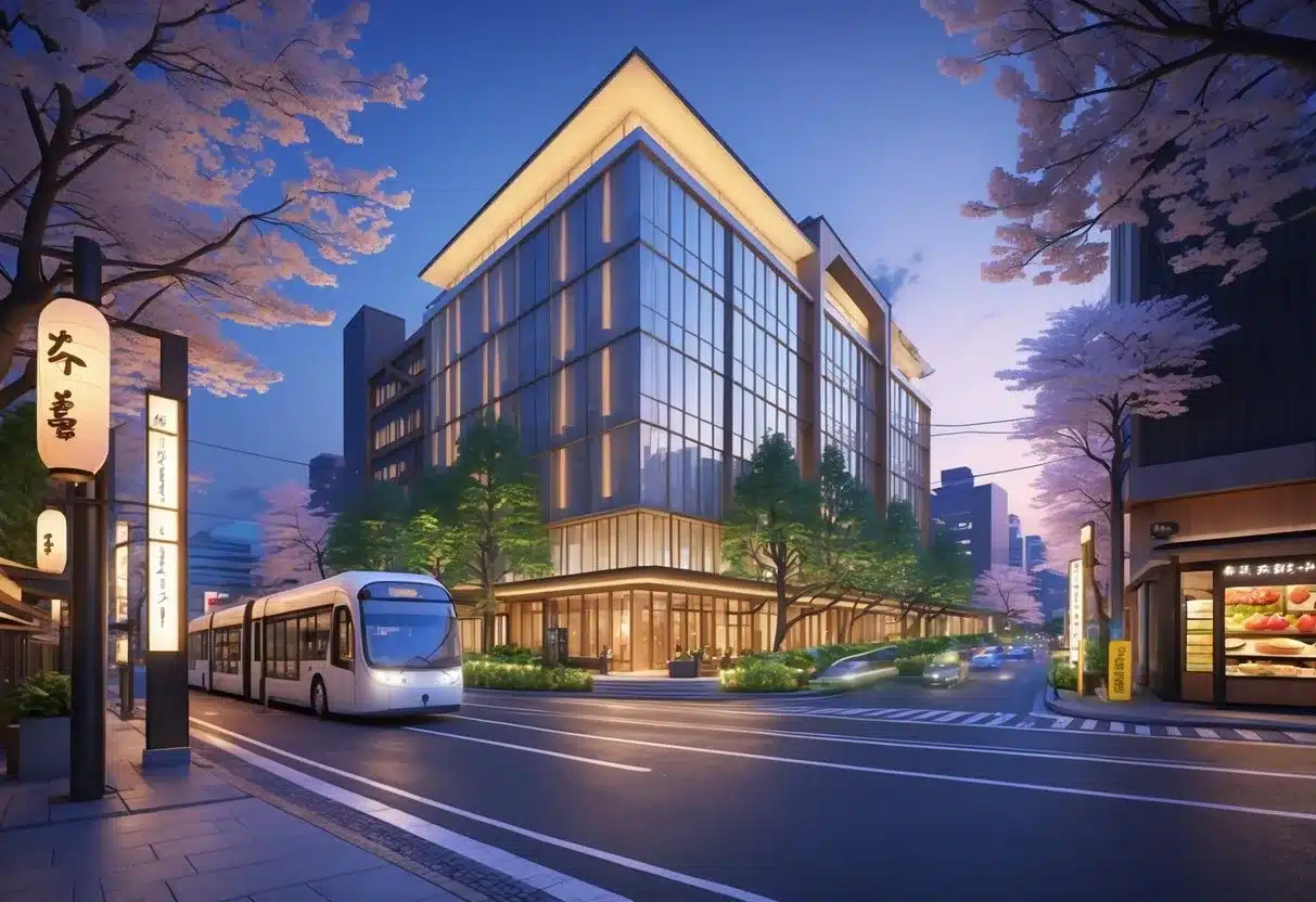 A modern luxury sapporo hotel in a lively urban area with nearby transit, restaurants, and cultural decorations, surrounded by trees and city lights at twilight.