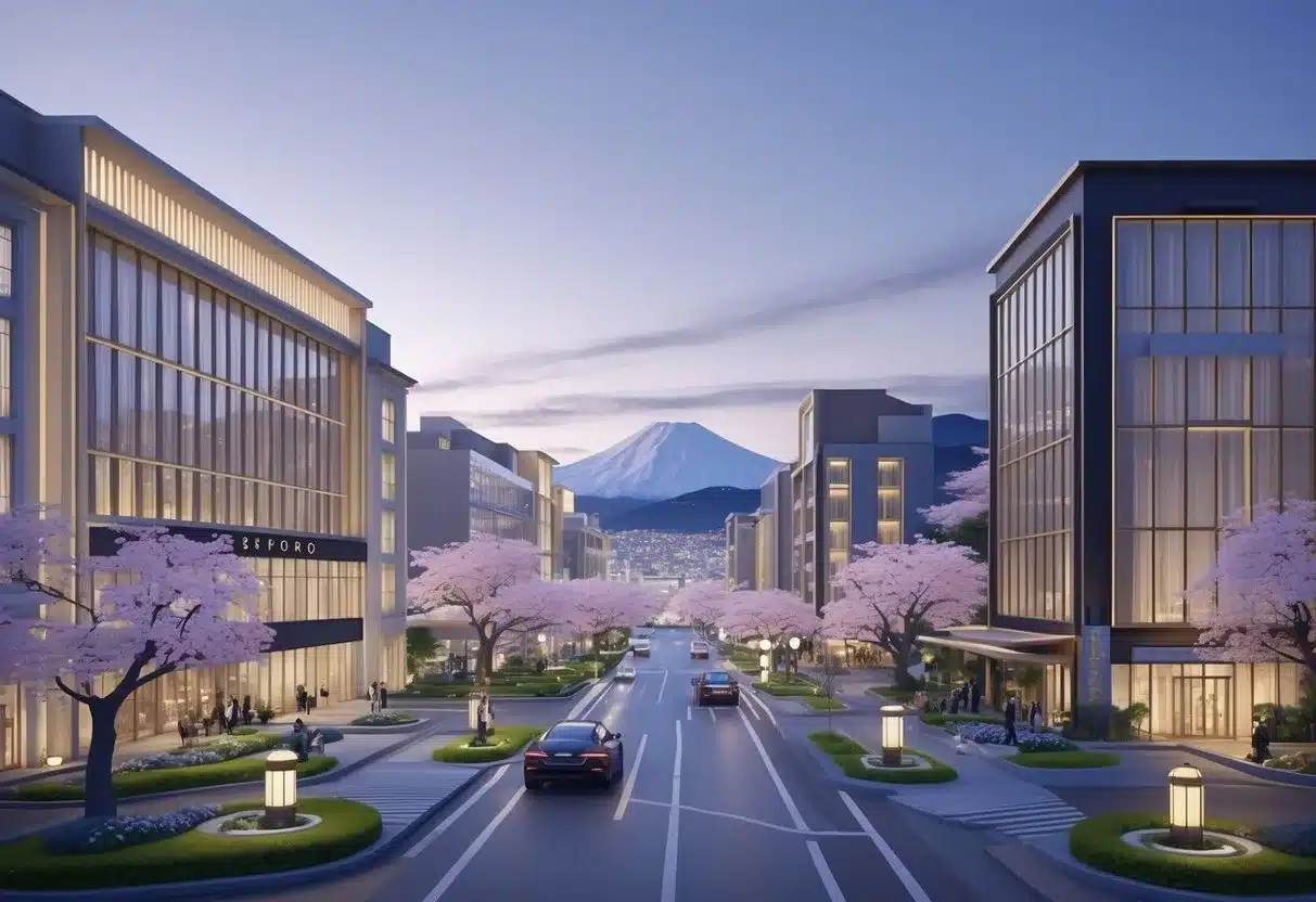 Four luxury Sapporo hotels in a scenic city setting with gardens, cherry blossoms, and mountains in the background at twilight.