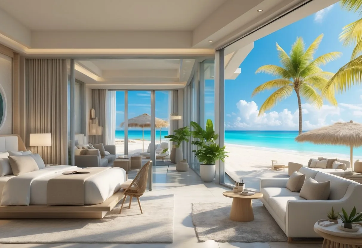Interior view of a Talea Beach Hotel suite with ocean view, showing a large bed, seating area, and a smaller adjacent room, with a beach and palm trees outside.