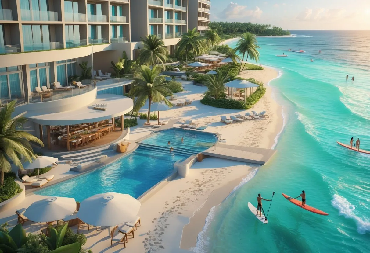 A beach hotel resort with a pool, palm trees, outdoor dining, and guests enjoying the beach and water activities at Talea Beach Hotel.