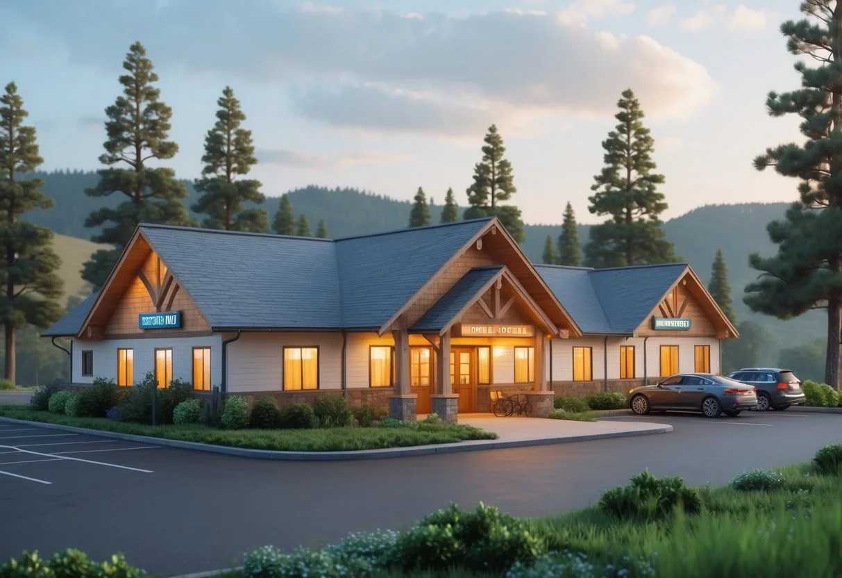 A small, cozy hotel building surrounded by pine trees and hills under a clear sky during early evening. Cheap Hotels in Roseburg Oregon