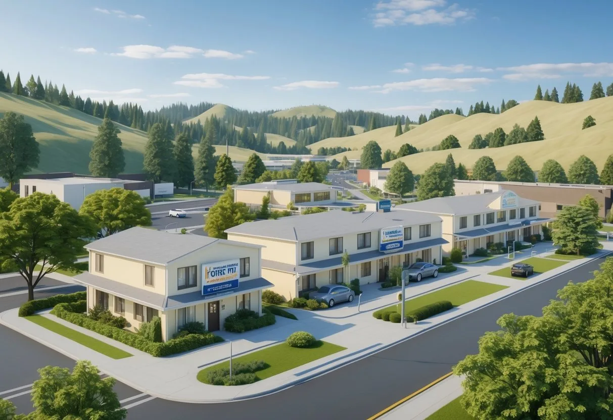 A small city with budget hotels surrounded by green trees and hills under a clear sky. Cheap Hotels in Roseburg Oregon
