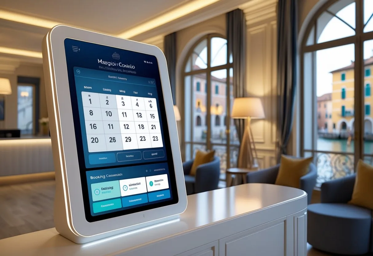 Hotel Maggior Consiglio Treviso booking kiosk at the reception area, city view with canals through windows
