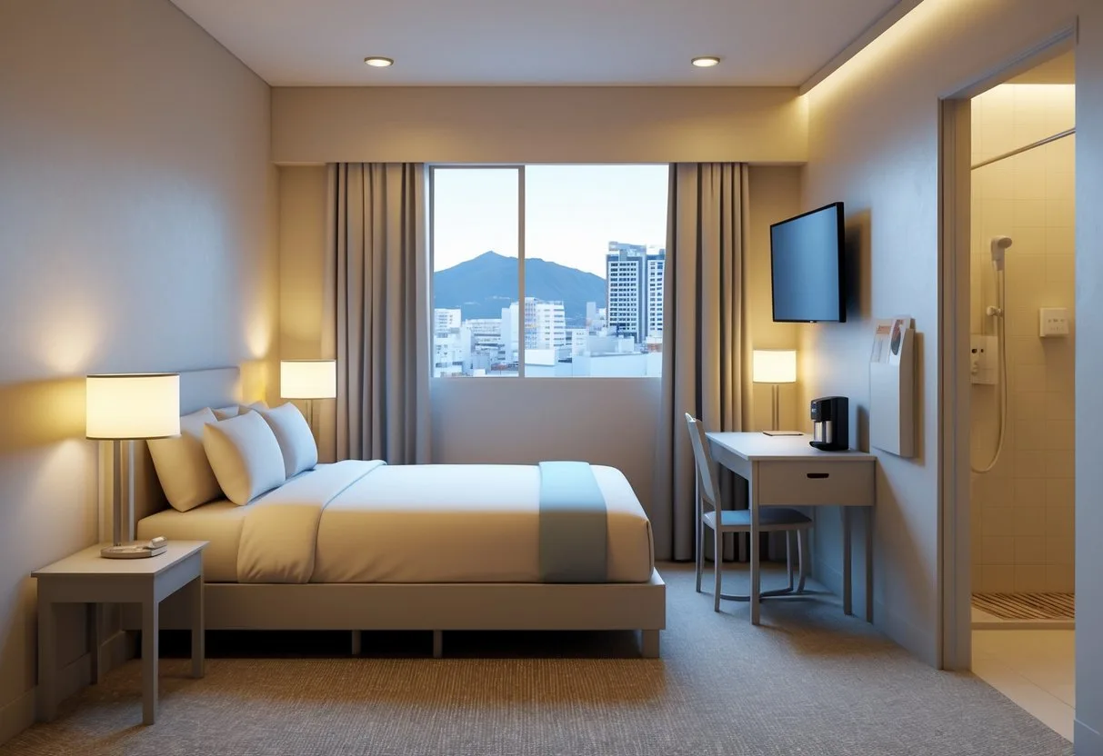A clean and simple cheap hotels Yakima room with a bed, bedside table, desk, TV, and a small bathroom door, showing a view of Yakima city through the window.