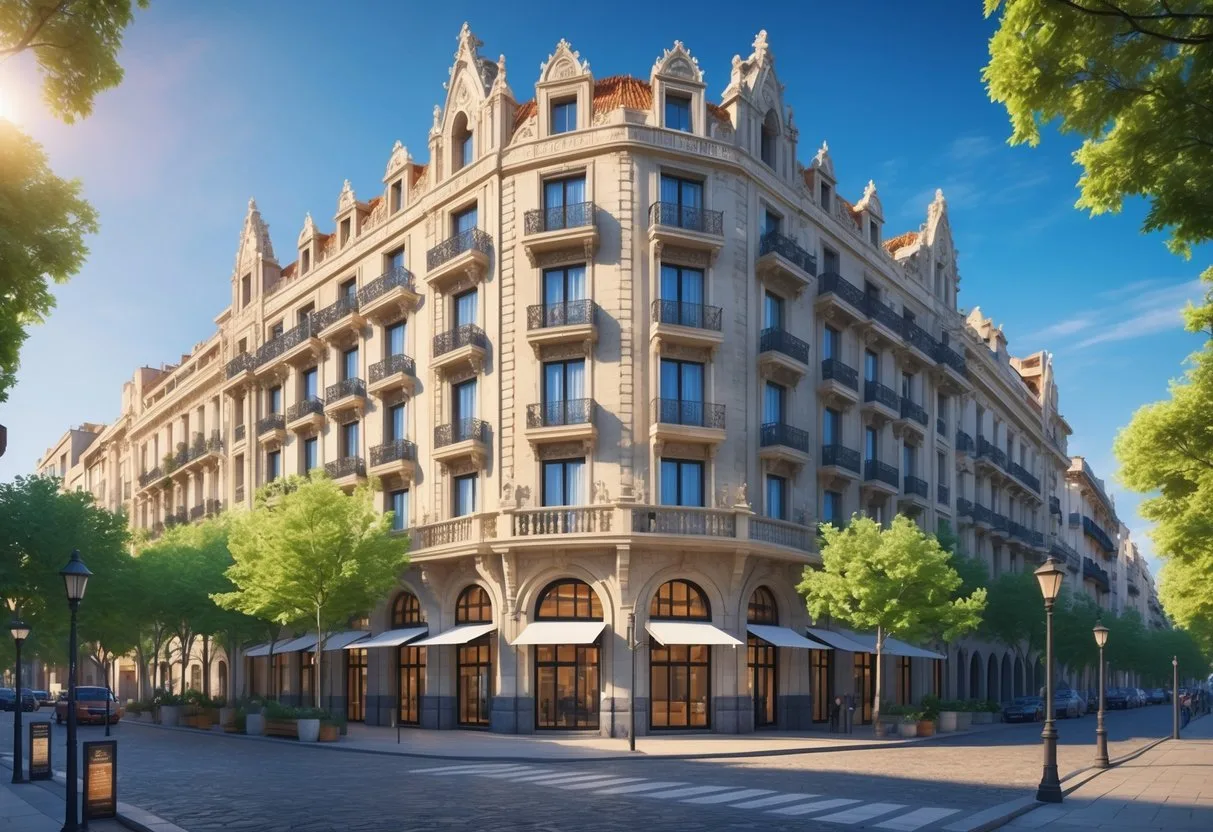 3D view of Hotel Colon Barcelona architecture with city streets and blue sky. Hotel Colon Barcelona promo code offers available.