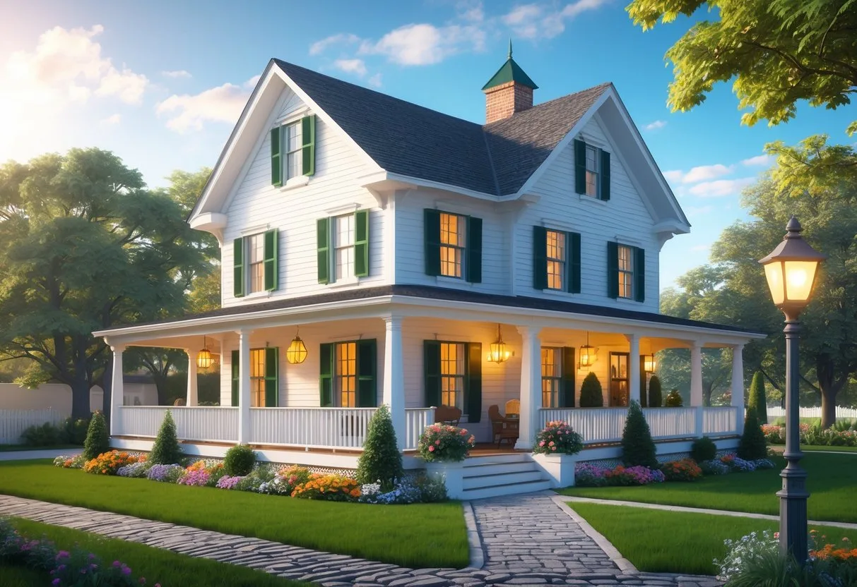 A charming two-story bed and breakfast with a front porch, surrounded by green lawns and flowers under a clear blue sky. Best hotels in Ludington MI
