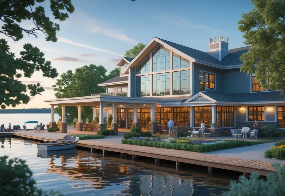 A lakeside hotel in Ludington, Michigan, surrounded by trees and gardens with a dock extending into a calm lake. Best hotels in Ludington MI