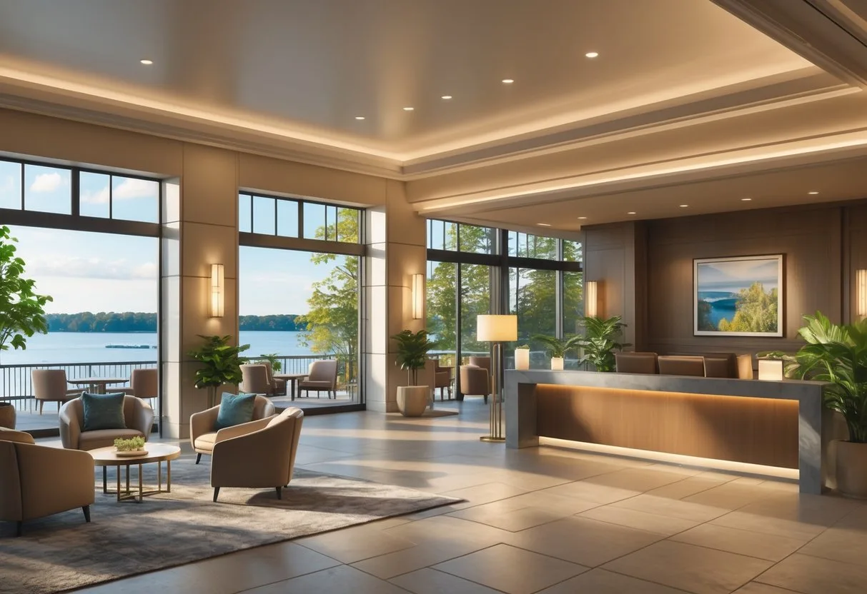 Lobby of one of the best hotels in Ludington MI, with reception desk, seating, lake views, and a restaurant area in the background.