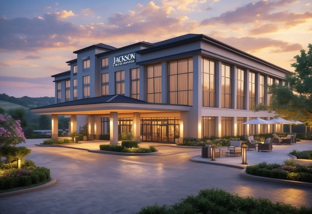 Modern hotel entrance at sunset, a great example of the best hotels in jackson tn