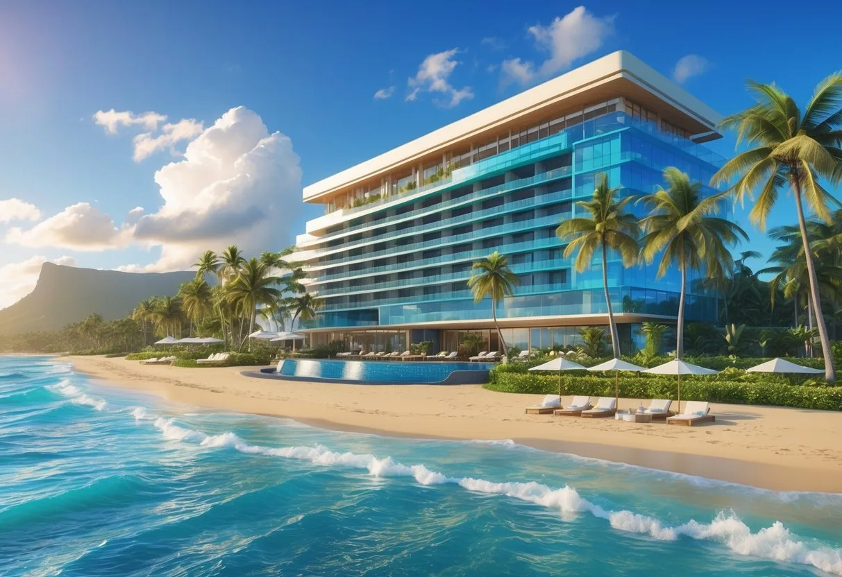 A luxurious beachfront hotel in Waikiki with palm trees, sandy beach, ocean waves, and Diamond Head crater in the background. Best hotels in Hawaii