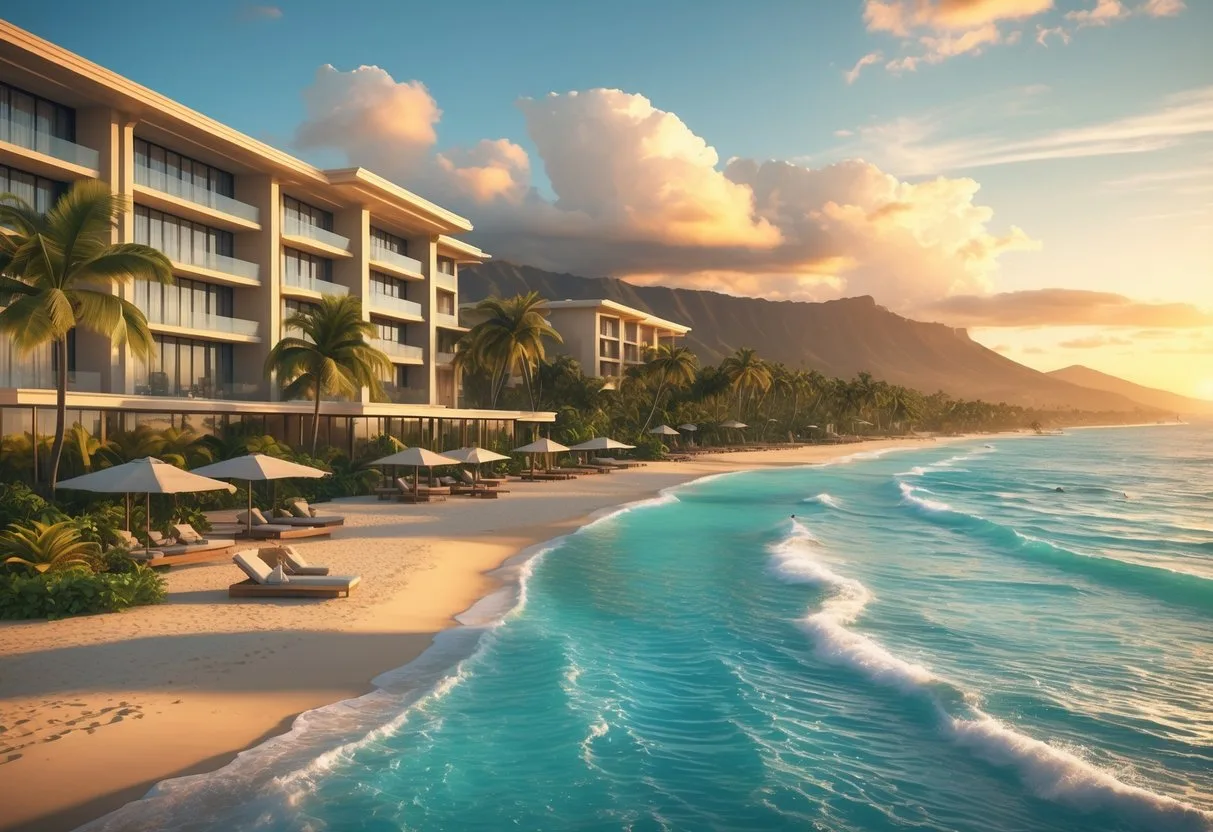 A luxurious hotel resort on a tropical beach with palm trees, an infinity pool, and mountains in the background at sunset. The best hotels in Hawaii.