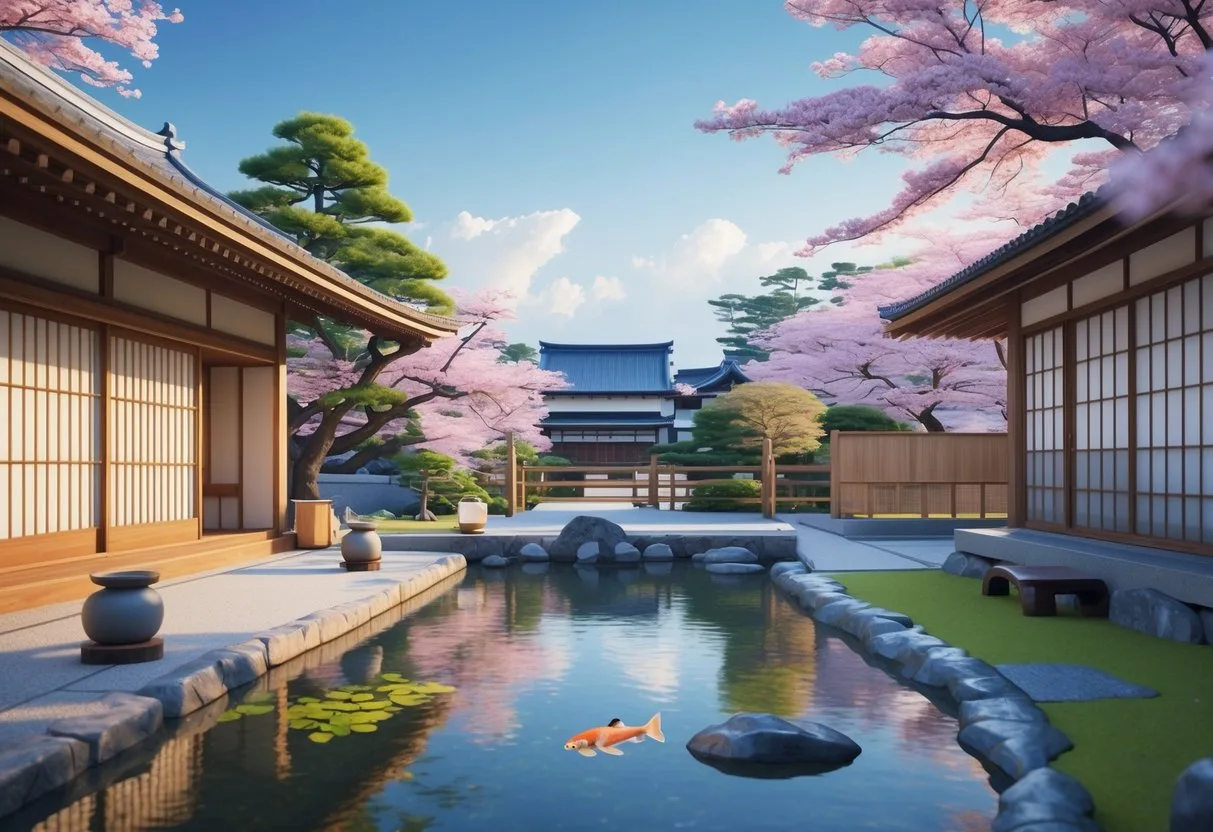 【京都住宿推薦】展示京都传统旅馆和现代酒店的住宿场景，周围有樱花树和寺庙屋顶。