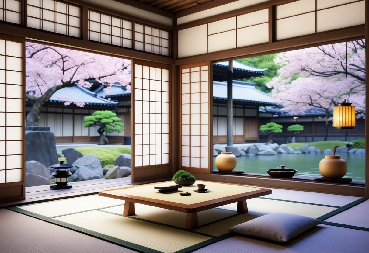 【京都住宿推薦】一个传统京都旅馆的室内场景，有榻榻米、纸门和木梁，窗外是带石灯笼和锦鲤池的日式花园。