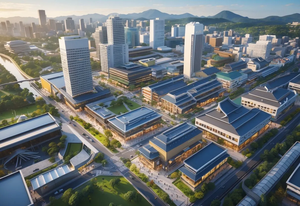 名古屋城市景观，展示不同住宿区域和主要地标建筑，街道上有人流和交通设施。名古屋住宿推荐