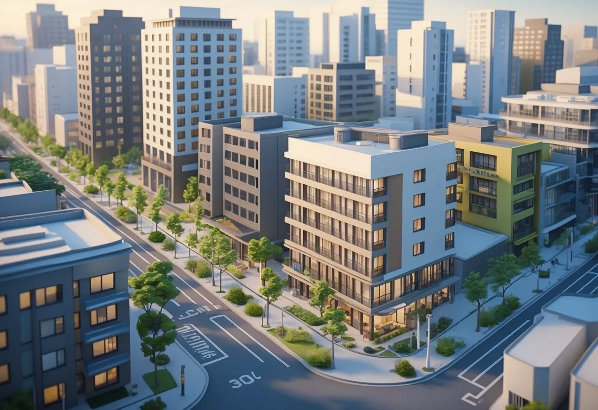福岡住宿推薦區域的城市景觀，有多種建築物和街道，展示不同的住宿選擇。