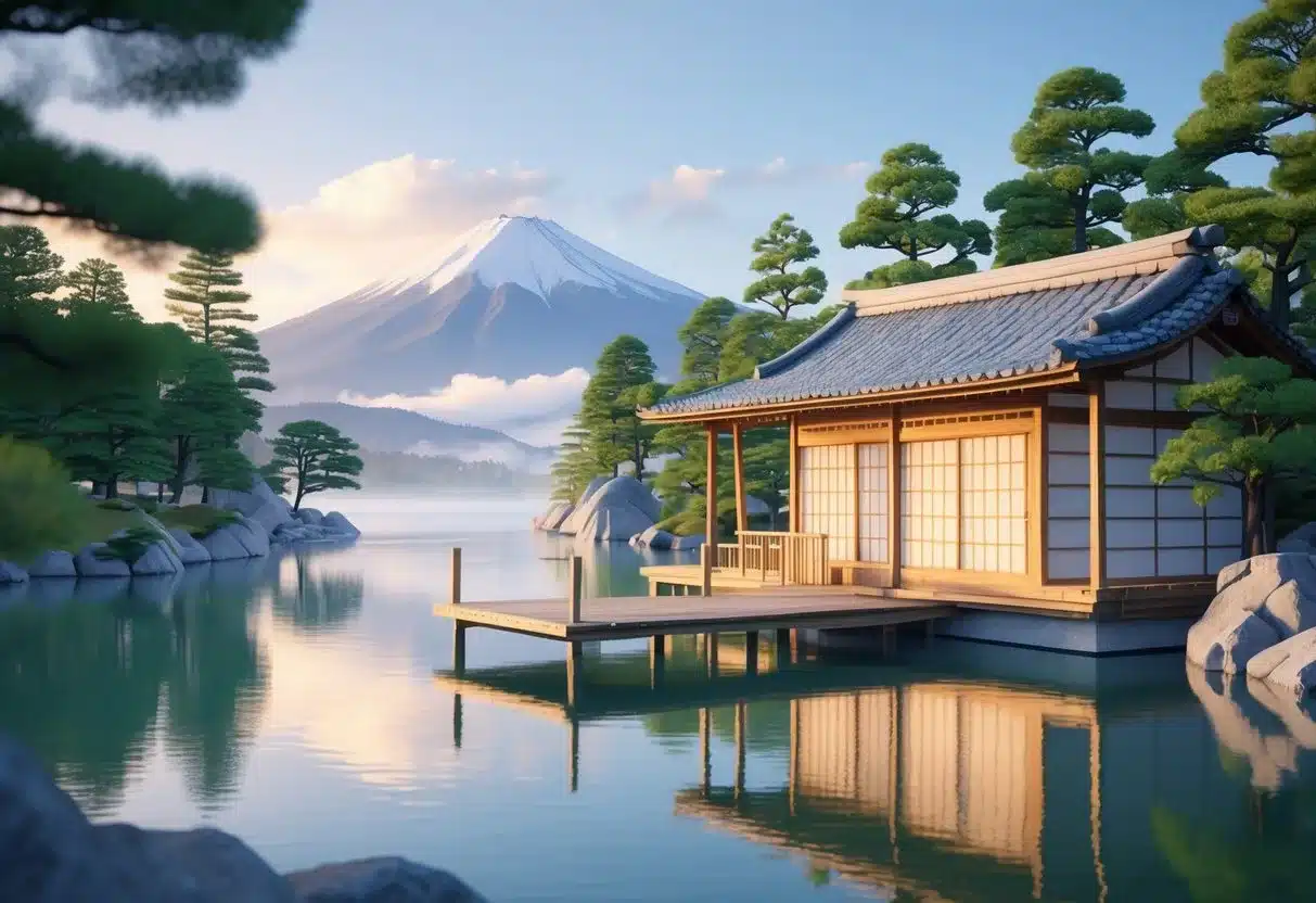 河口湖住宿推薦：河口湖邊的傳統日式旅館，湖面平靜，背景有富士山和綠樹。