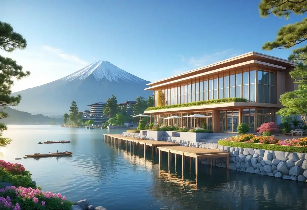 河口湖住宿推薦：一座位於河口湖畔，背景有富士山的豪華湖畔飯店，周圍環繞著綠色植被和花園，湖面平靜，有木製碼頭和小船。