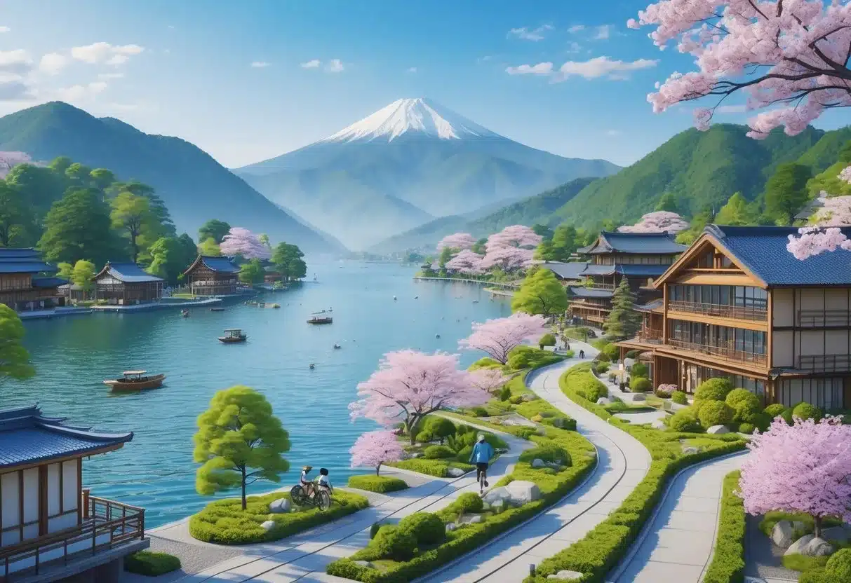 河口湖住宿推薦：河口湖湖畔的住宿區域，周圍有山脈和富士山，湖邊有多種住宿建築和綠樹環繞，湖面平靜，有人從事戶外活動。