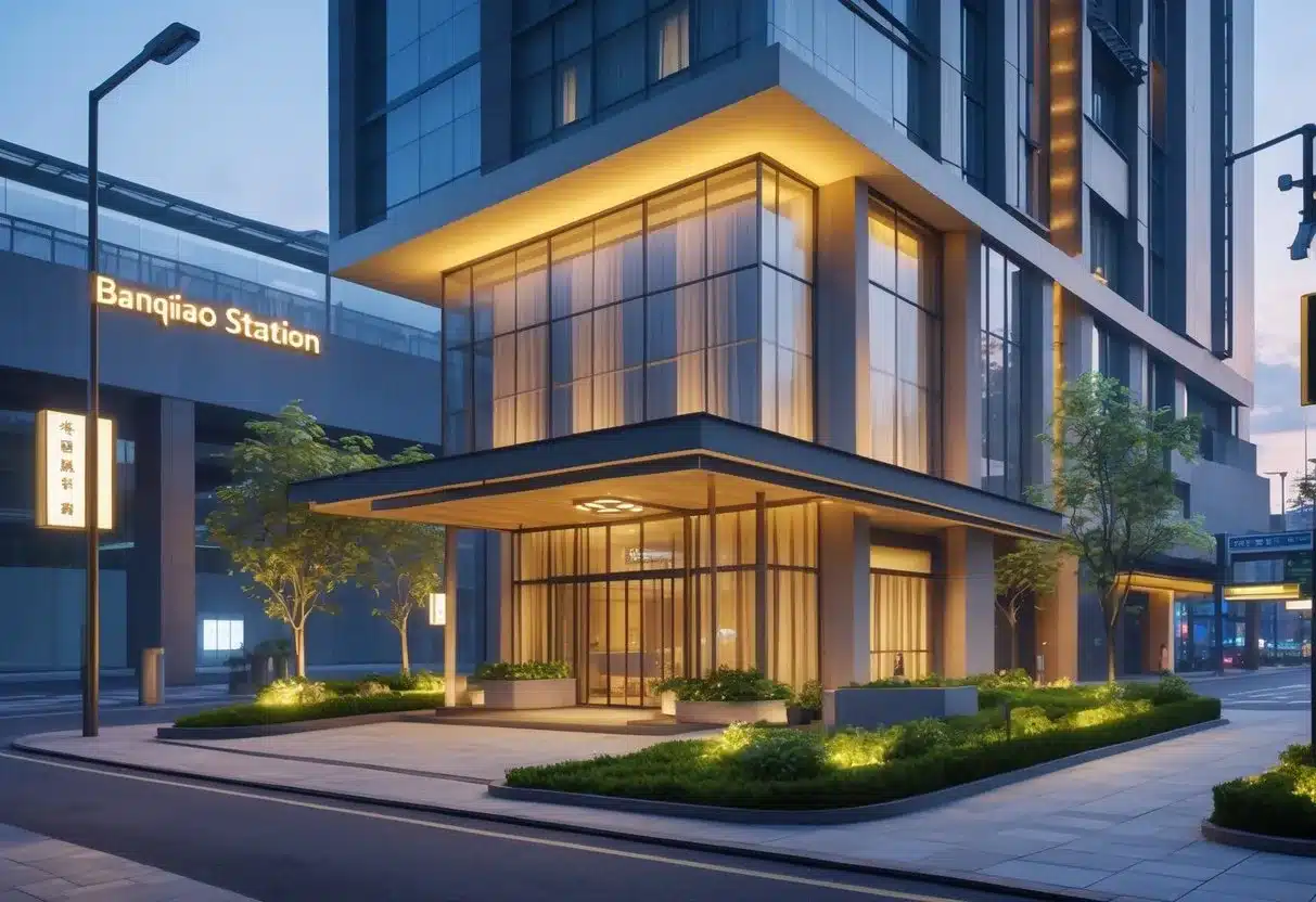 板橋住宿推薦：一座位於板橋車站附近的現代旅館建築，周圍有行人道和綠化植物，背景可見車站建築。
